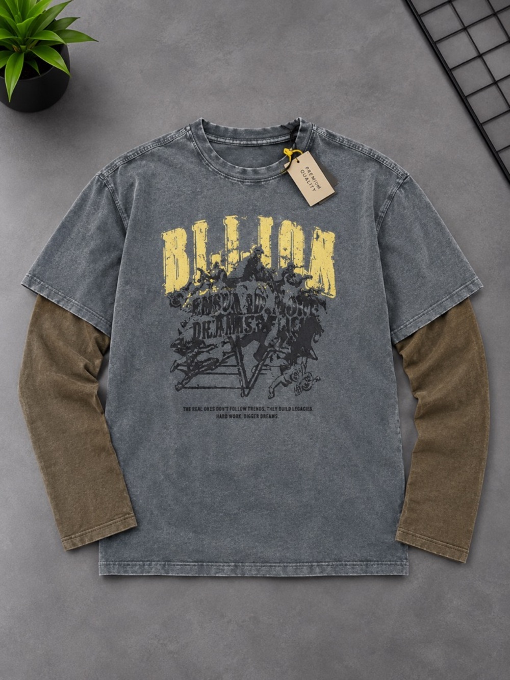 Men's Layered-Look Graphic Long Sleeve Shirt - Gray with Brown Sleeves